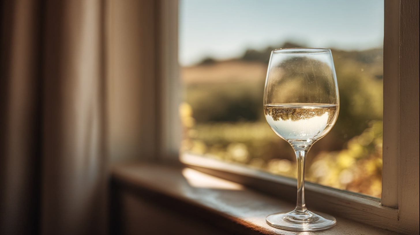 Verre de vin blanc dégusté près d’une fenêtre, invitant à une approche attentive et sensorielle des vins de Guérande.