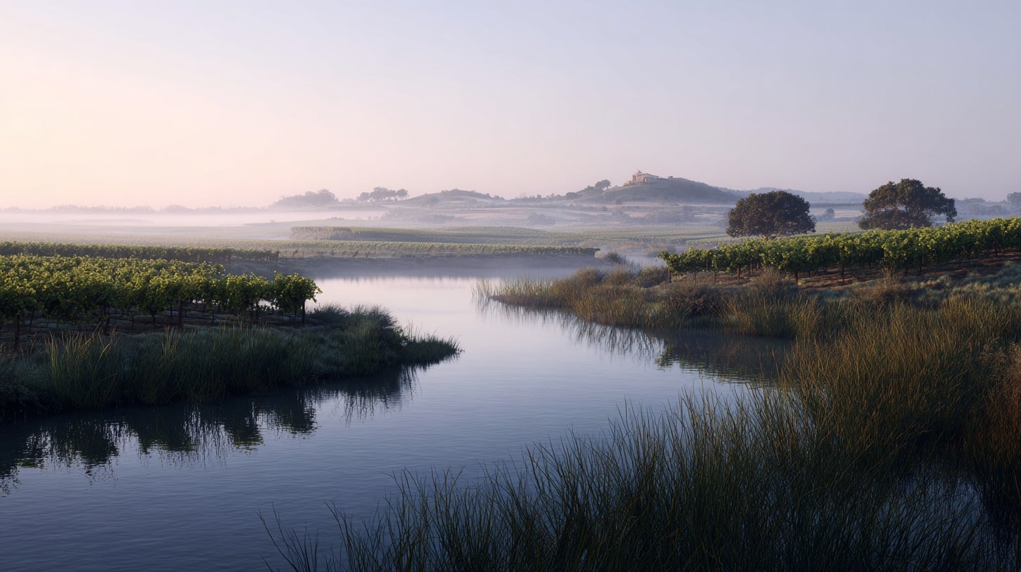 Vignes bordant les marais salants de Guérande, dont l’eau et la lumière influencent le microclimat du vignoble.